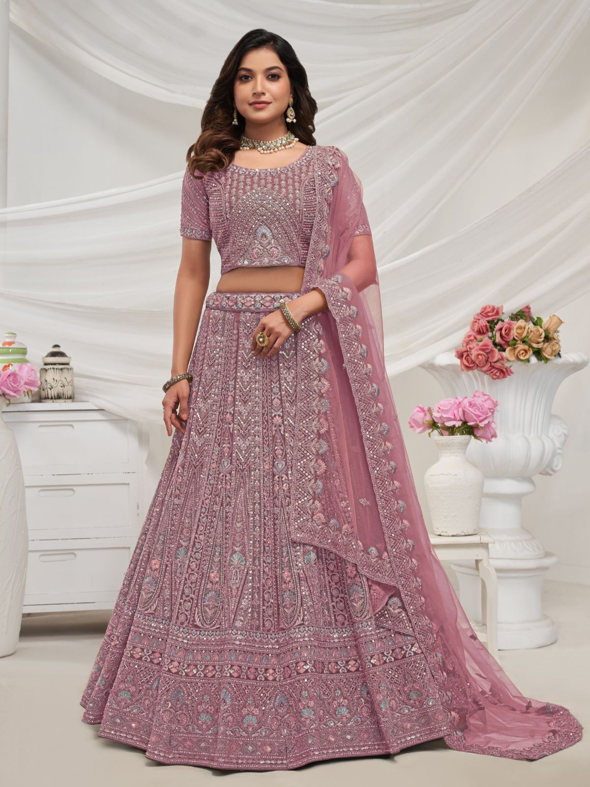 Odette Mauve Soft Net Embroidered Semi Stitched Lehenga With Unstitched Blouse For Women