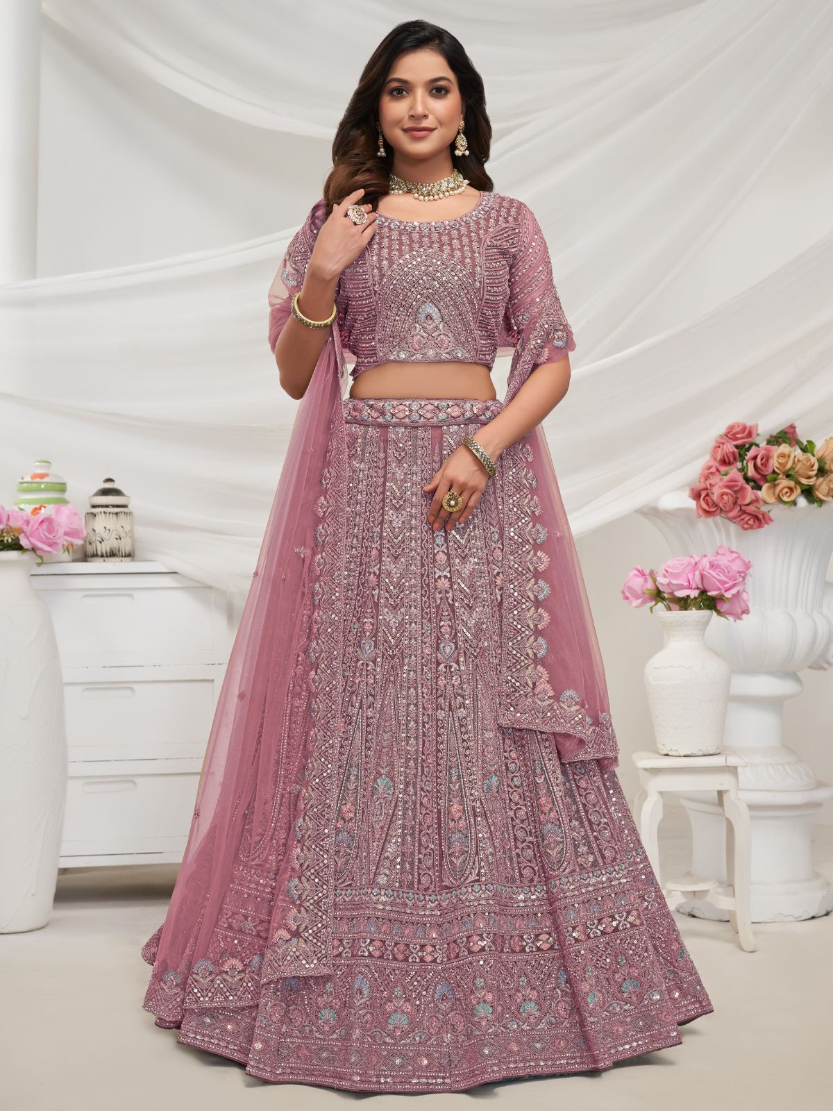 Odette Mauve Soft Net Embroidered Semi Stitched Lehenga With Unstitched Blouse For Women