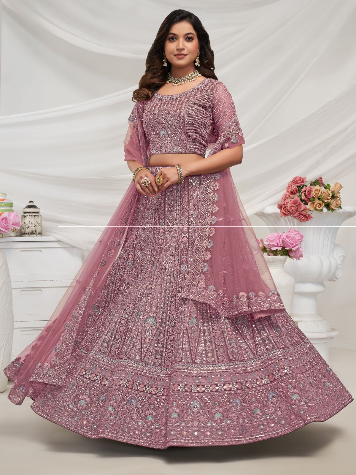 Odette Mauve Soft Net Embroidered Semi Stitched Lehenga With Unstitched Blouse For Women