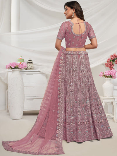 Odette Mauve Soft Net Embroidered Semi Stitched Lehenga With Unstitched Blouse For Women