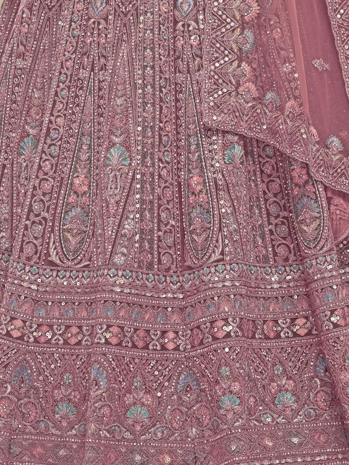 Odette Mauve Soft Net Embroidered Semi Stitched Lehenga With Unstitched Blouse For Women