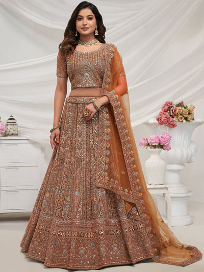 Odette Rust Soft Net Embroidered Semi Stitched Lehenga With Unstitched Blouse For Women