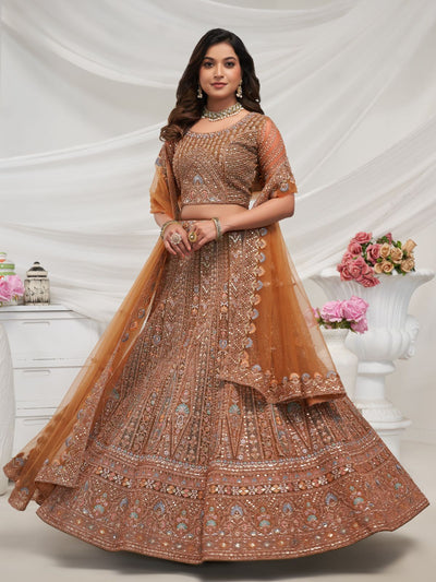 Odette Rust Soft Net Embroidered Semi Stitched Lehenga With Unstitched Blouse For Women