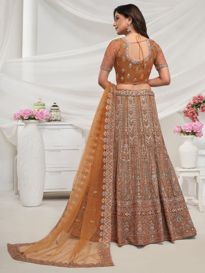 Odette Rust Soft Net Embroidered Semi Stitched Lehenga With Unstitched Blouse For Women