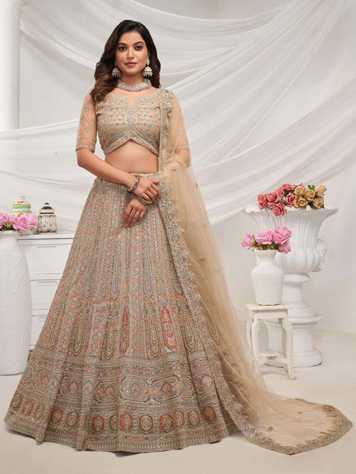 Odette Golden Soft Net Embroidered Semi Stitched Lehenga With Unstitched Blouse For Women