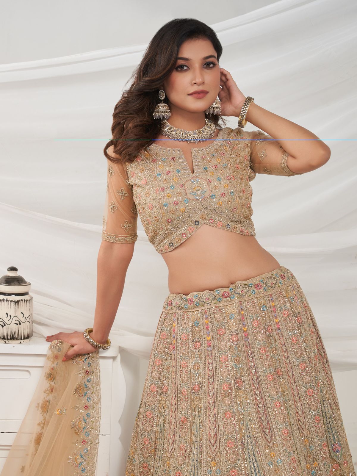 Odette Golden Soft Net Embroidered Semi Stitched Lehenga With Unstitched Blouse For Women