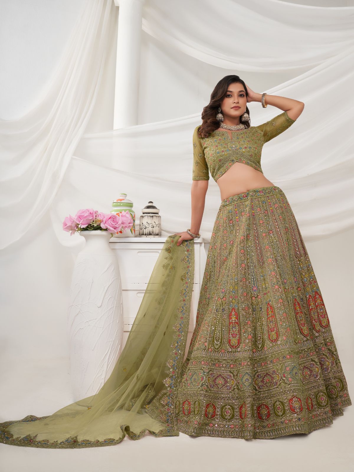 Odette Green Soft Net Embroidered Semi Stitched Lehenga With Unstitched Blouse For Women