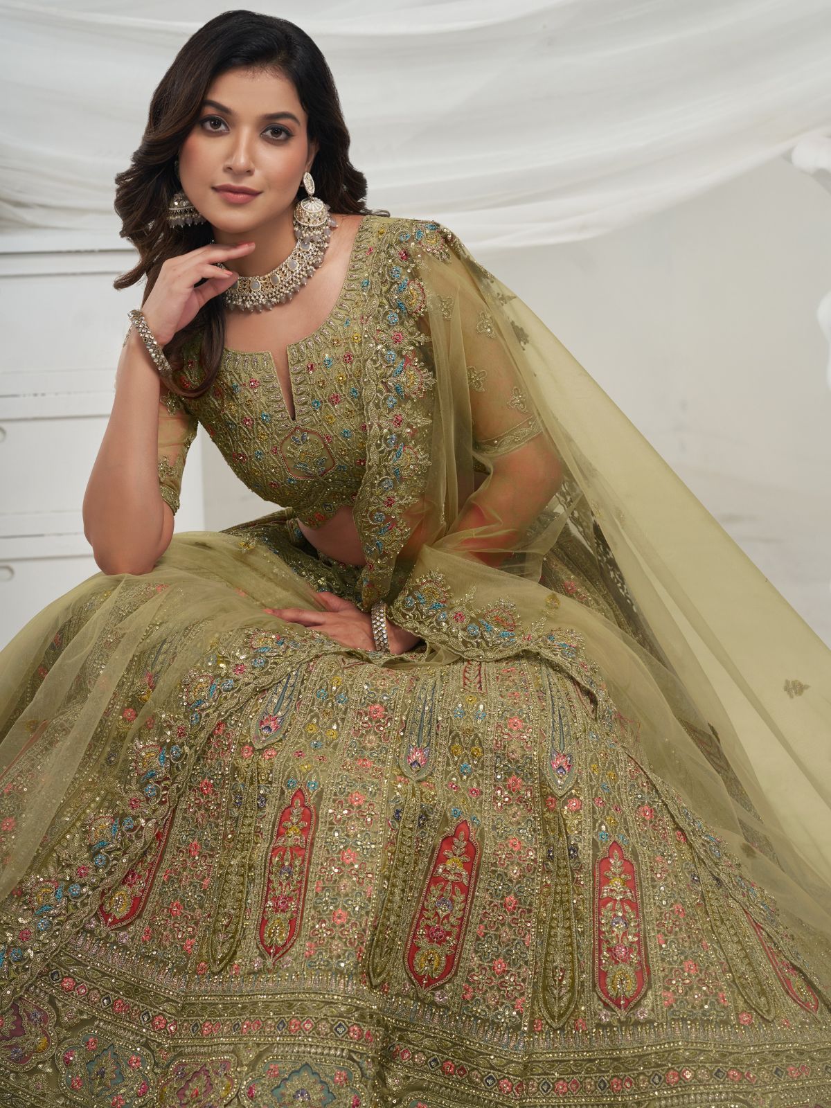 Odette Green Soft Net Embroidered Semi Stitched Lehenga With Unstitched Blouse For Women