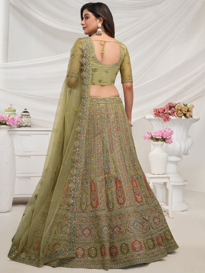 Odette Green Soft Net Embroidered Semi Stitched Lehenga With Unstitched Blouse For Women