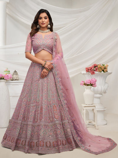 Odette Mauve Soft Net Embroidered Semi Stitched Lehenga With Unstitched Blouse For Women