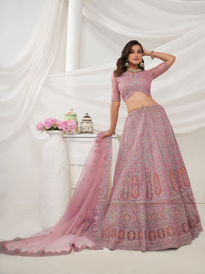 Odette Mauve Soft Net Embroidered Semi Stitched Lehenga With Unstitched Blouse For Women