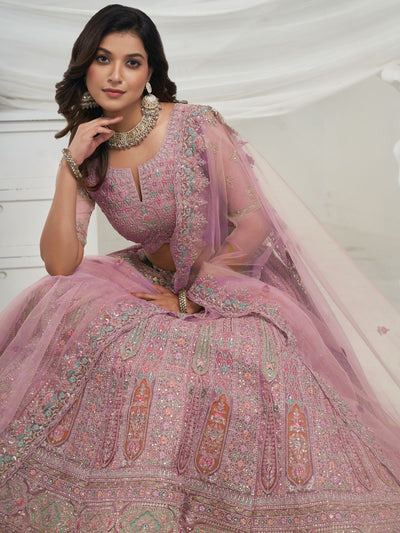 Odette Mauve Soft Net Embroidered Semi Stitched Lehenga With Unstitched Blouse For Women