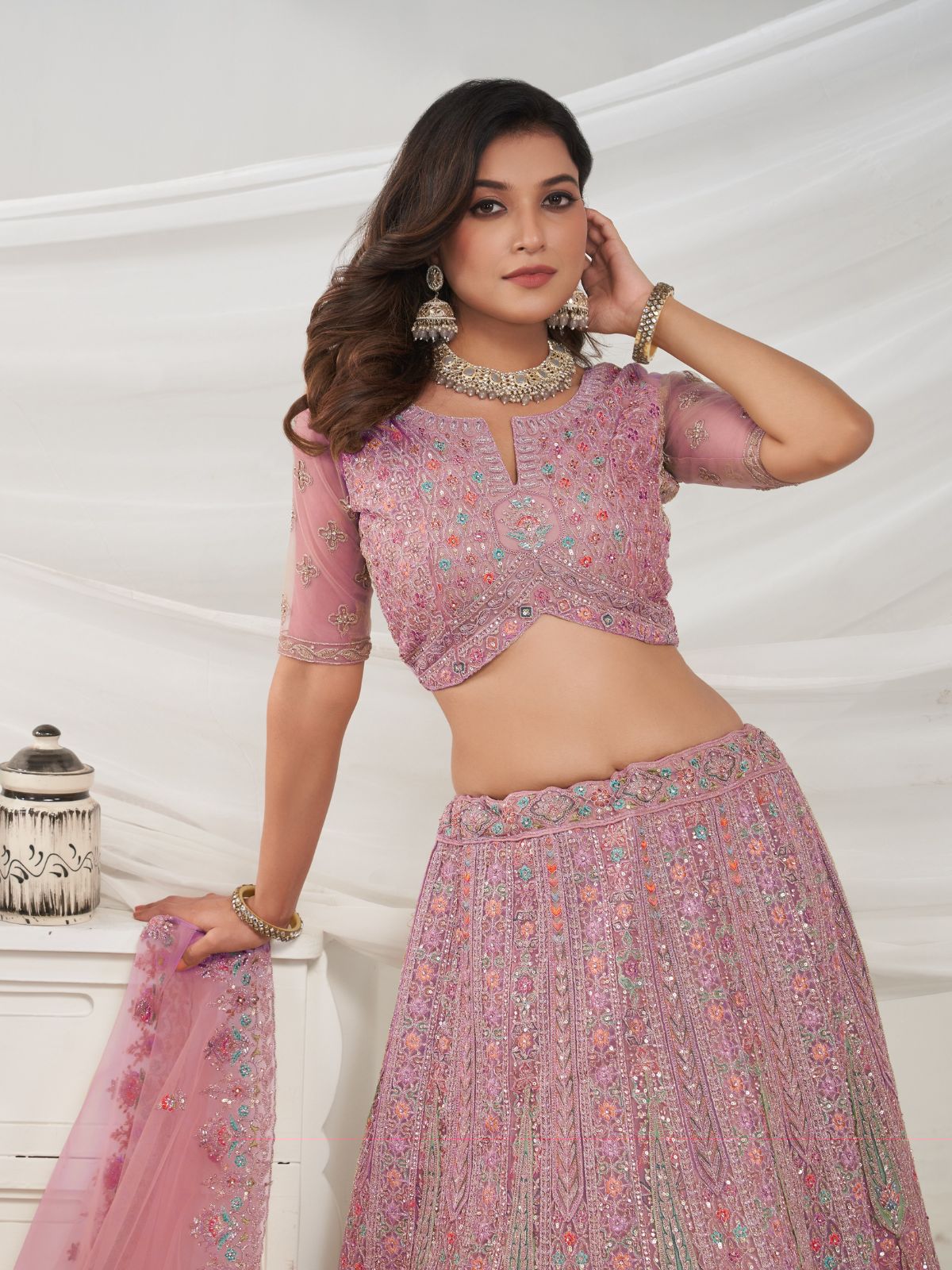 Odette Mauve Soft Net Embroidered Semi Stitched Lehenga With Unstitched Blouse For Women