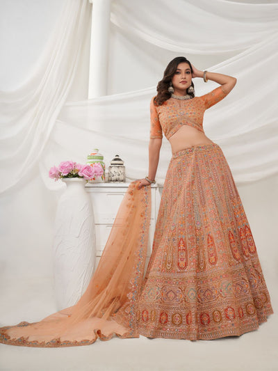 Odette Mustard Soft Net Embroidered Semi Stitched Lehenga With Unstitched Blouse For Women