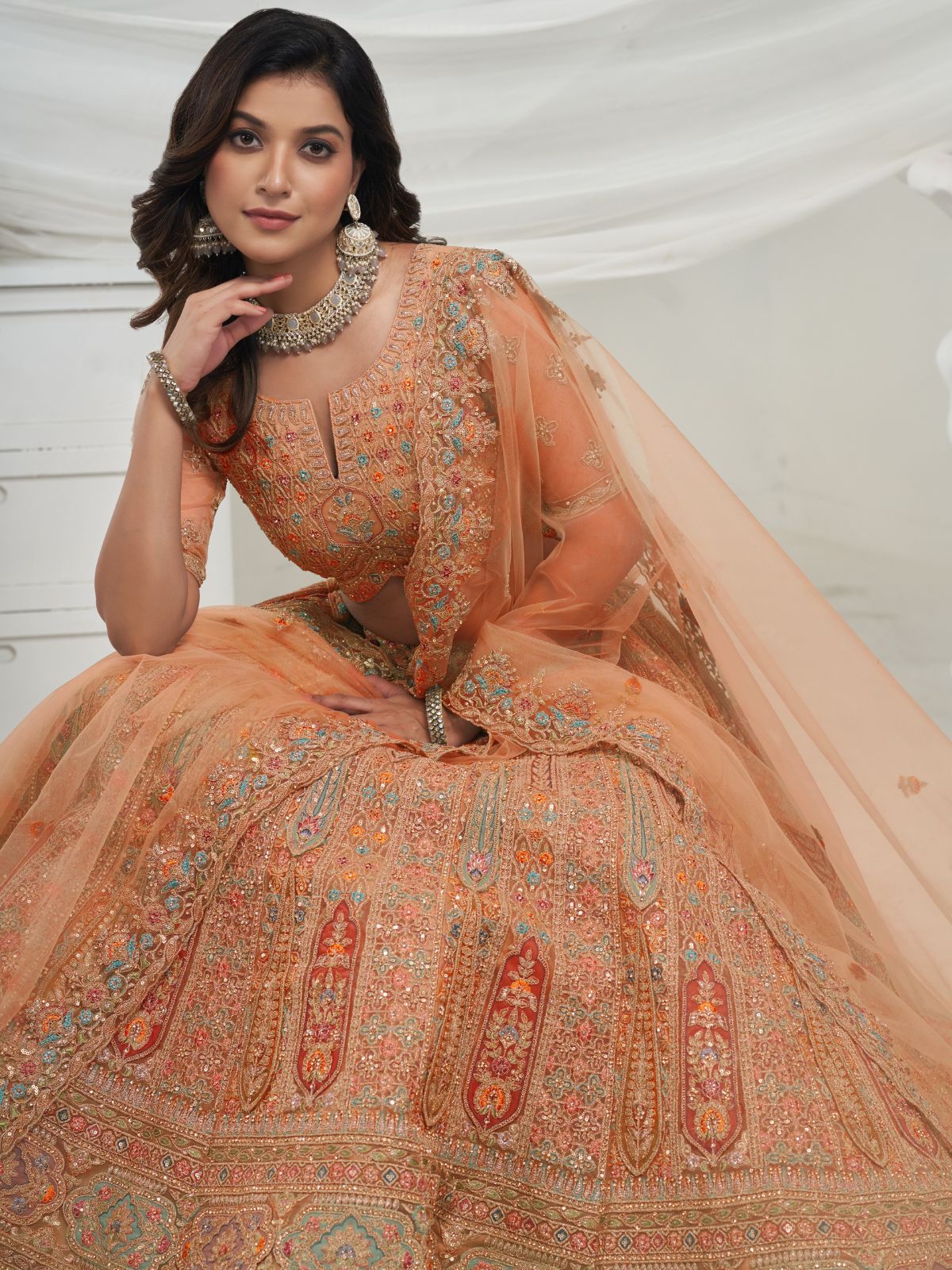 Odette Mustard Soft Net Embroidered Semi Stitched Lehenga With Unstitched Blouse For Women