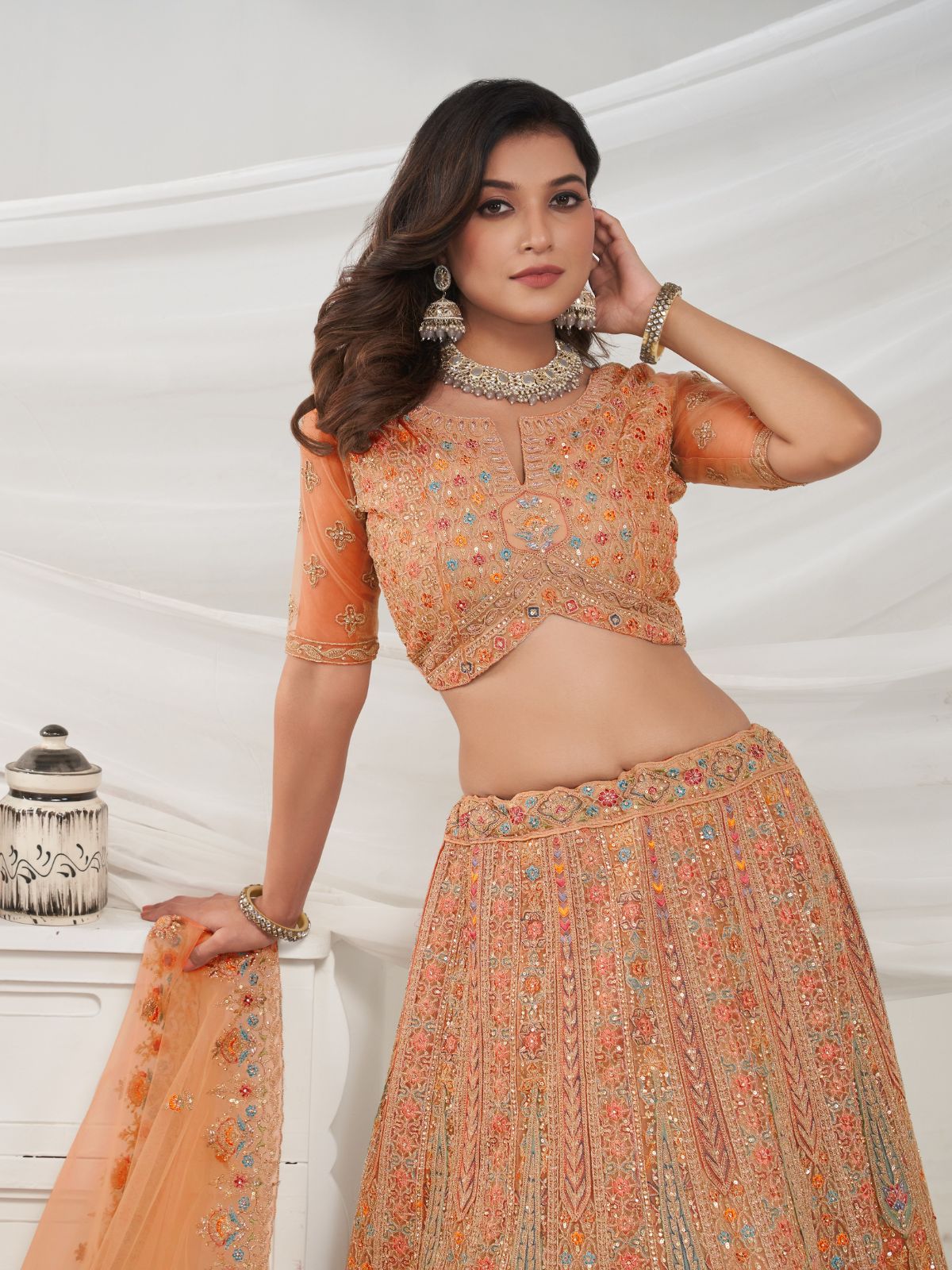 Odette Mustard Soft Net Embroidered Semi Stitched Lehenga With Unstitched Blouse For Women