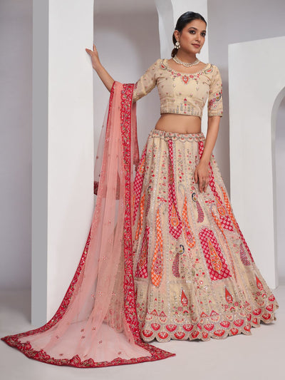 Odette Cream Organza Silk Embroidered Semi Stitched Lehenga With Unstitched Blouse For Women