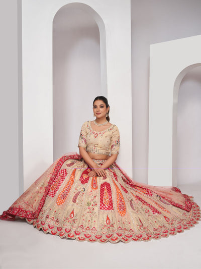 Odette Cream Organza Silk Embroidered Semi Stitched Lehenga With Unstitched Blouse For Women