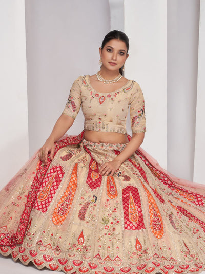 Odette Cream Organza Silk Embroidered Semi Stitched Lehenga With Unstitched Blouse For Women