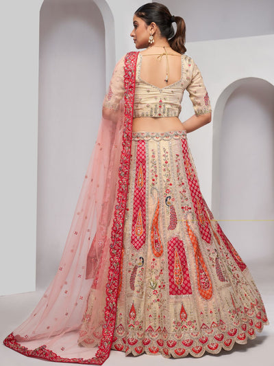 Odette Cream Organza Silk Embroidered Semi Stitched Lehenga With Unstitched Blouse For Women