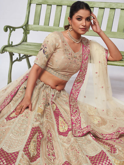 Odette White Organza Silk Embroidered Semi Stitched Lehenga With Unstitched Blouse For Women