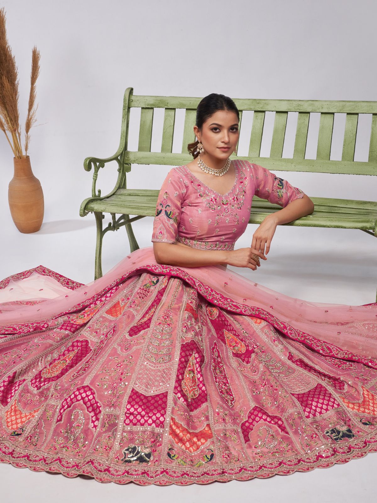 Odette Pink Organza Silk Embroidered Semi Stitched Lehenga With Unstitched Blouse For Women