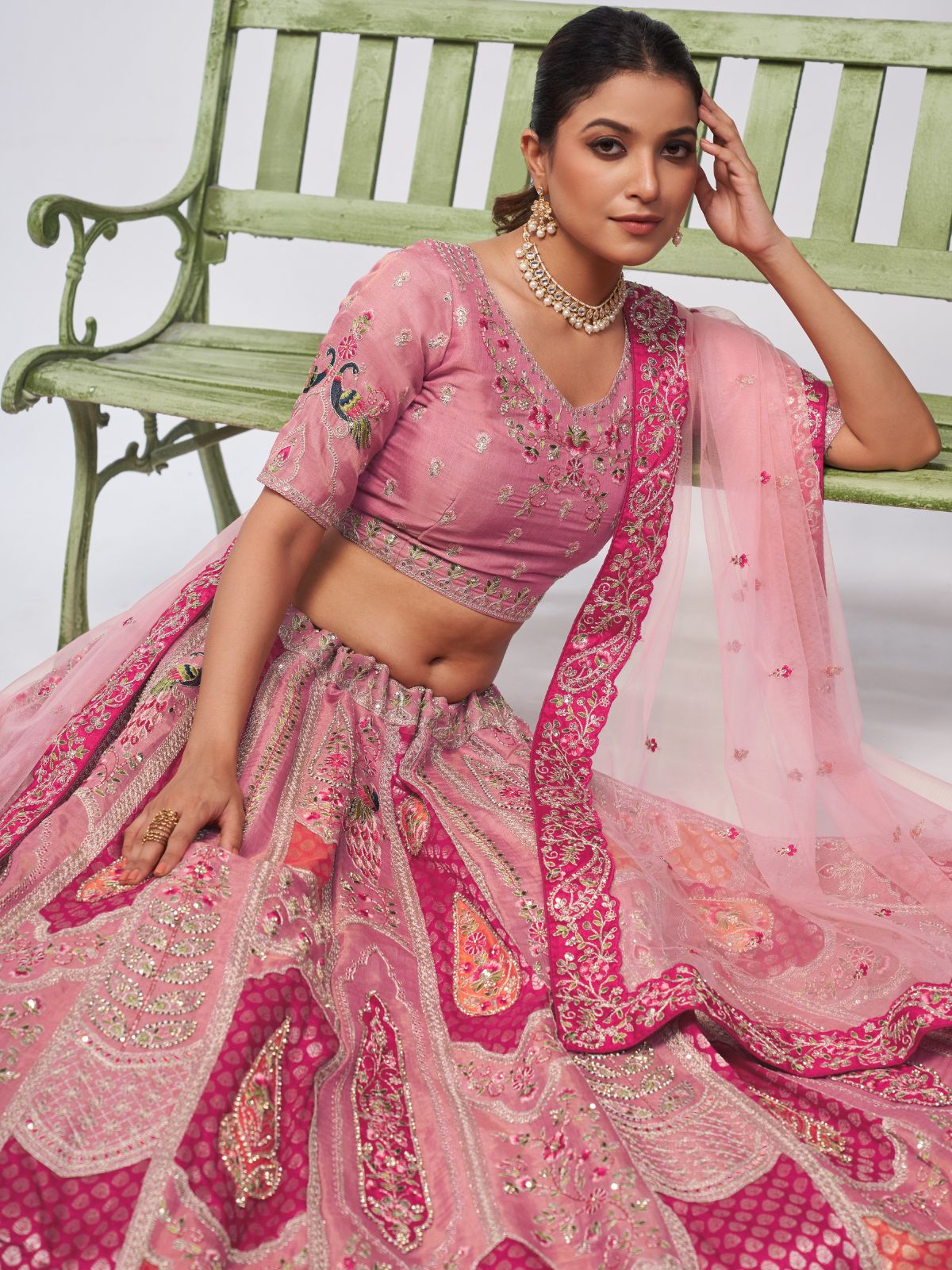 Odette Pink Organza Silk Embroidered Semi Stitched Lehenga With Unstitched Blouse For Women