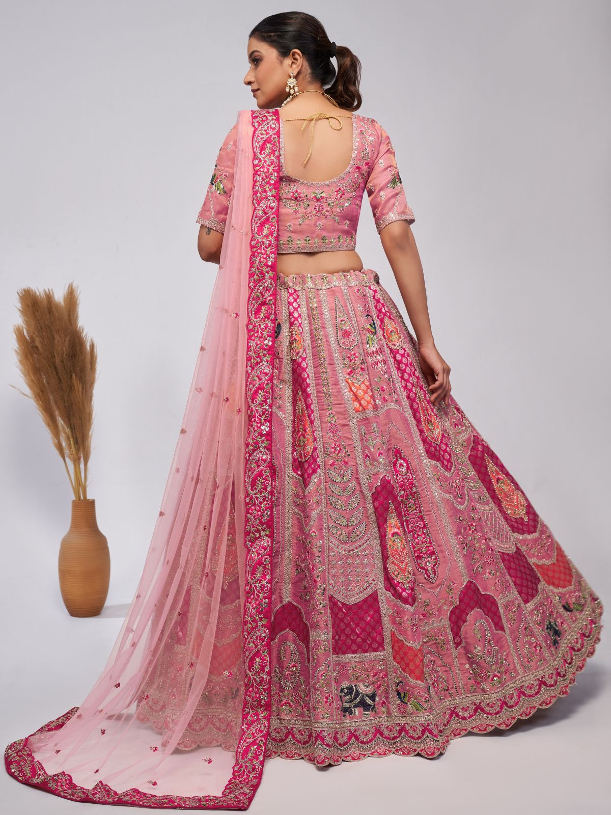 Odette Pink Organza Silk Embroidered Semi Stitched Lehenga With Unstitched Blouse For Women