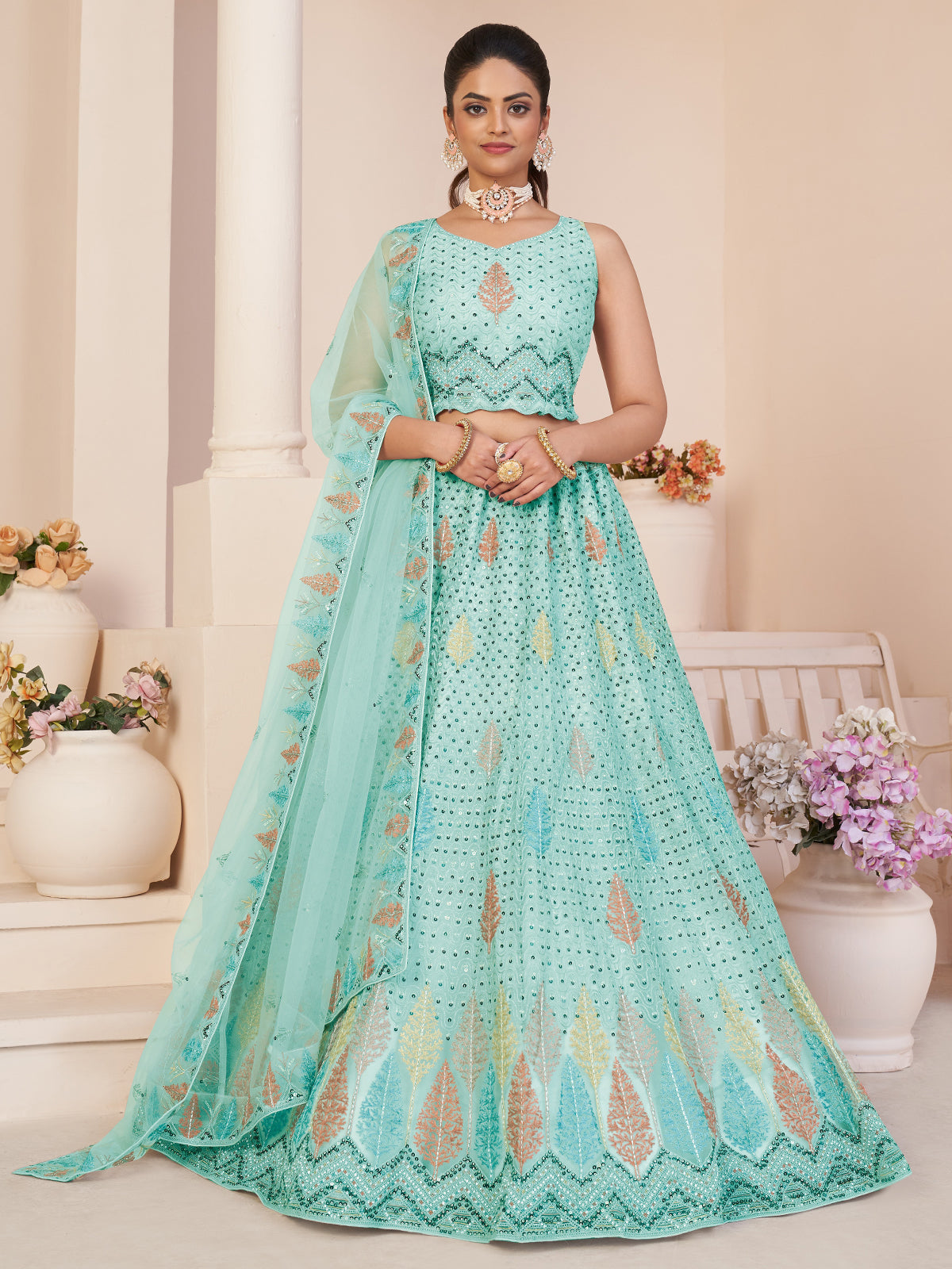 Odette Sky Blue Net Embroidered Semi Stitched Lehenga With Unstitched Blouse for Women