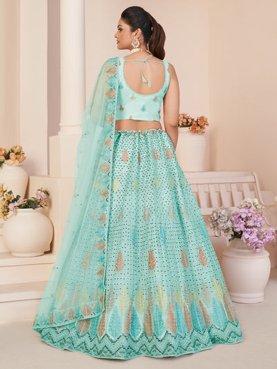 Odette Sky Blue Net Embroidered Semi Stitched Lehenga With Unstitched Blouse for Women