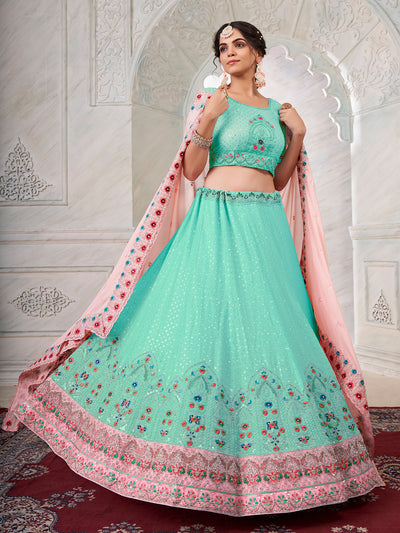 Odette Sky Blue Georgette Embroidered Semi Stitched Lehenga With Unstitched Blouse for Women