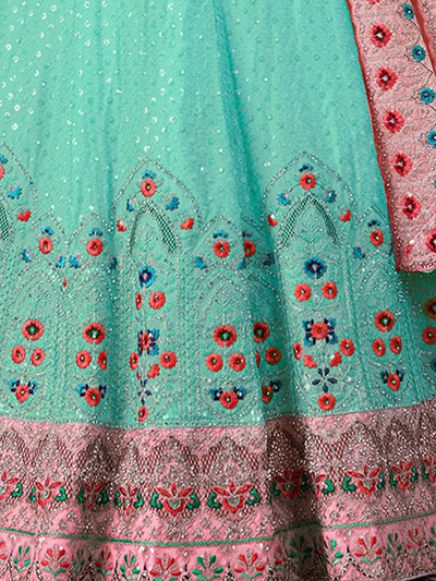 Odette Sky Blue Georgette Embroidered Semi Stitched Lehenga With Unstitched Blouse for Women