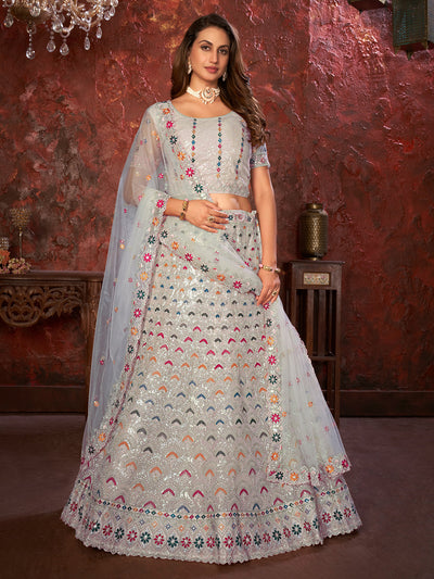 Odette Grey Net Embellished Semi Stitched Lehenga With Unstitched Blouse for Women