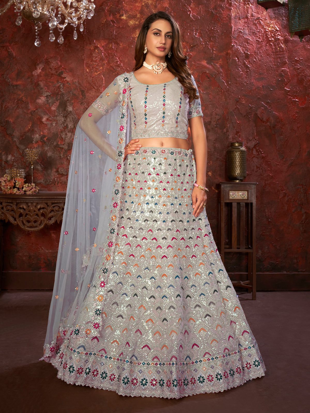 Odette Grey Net Embellished Semi Stitched Lehenga With Unstitched Blouse for Women