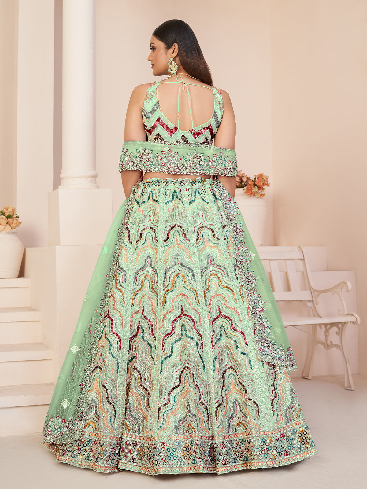 Odette Green Net Embroidered Semi Stitched Lehenga With Unstitched Blouse for Women