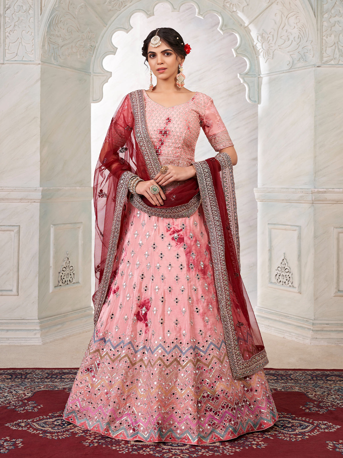 Odette Pink Shibori Crepe Embroidered Semi Stitched Lehenga With Unstitched Blouse for Women