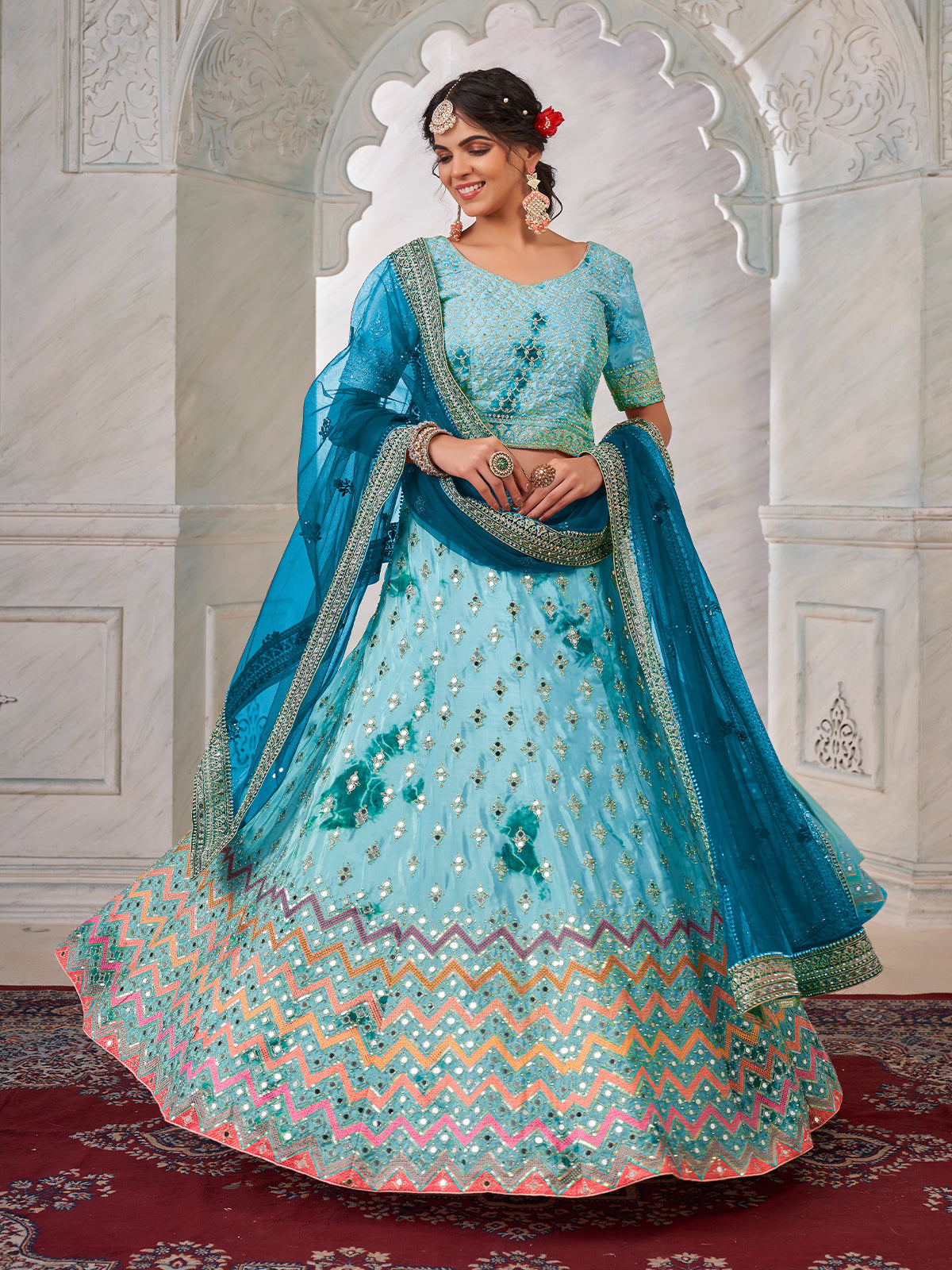 Odette Light Blue Shibori Crepe Embroidered Semi Stitched Lehenga With Unstitched Blouse for Women