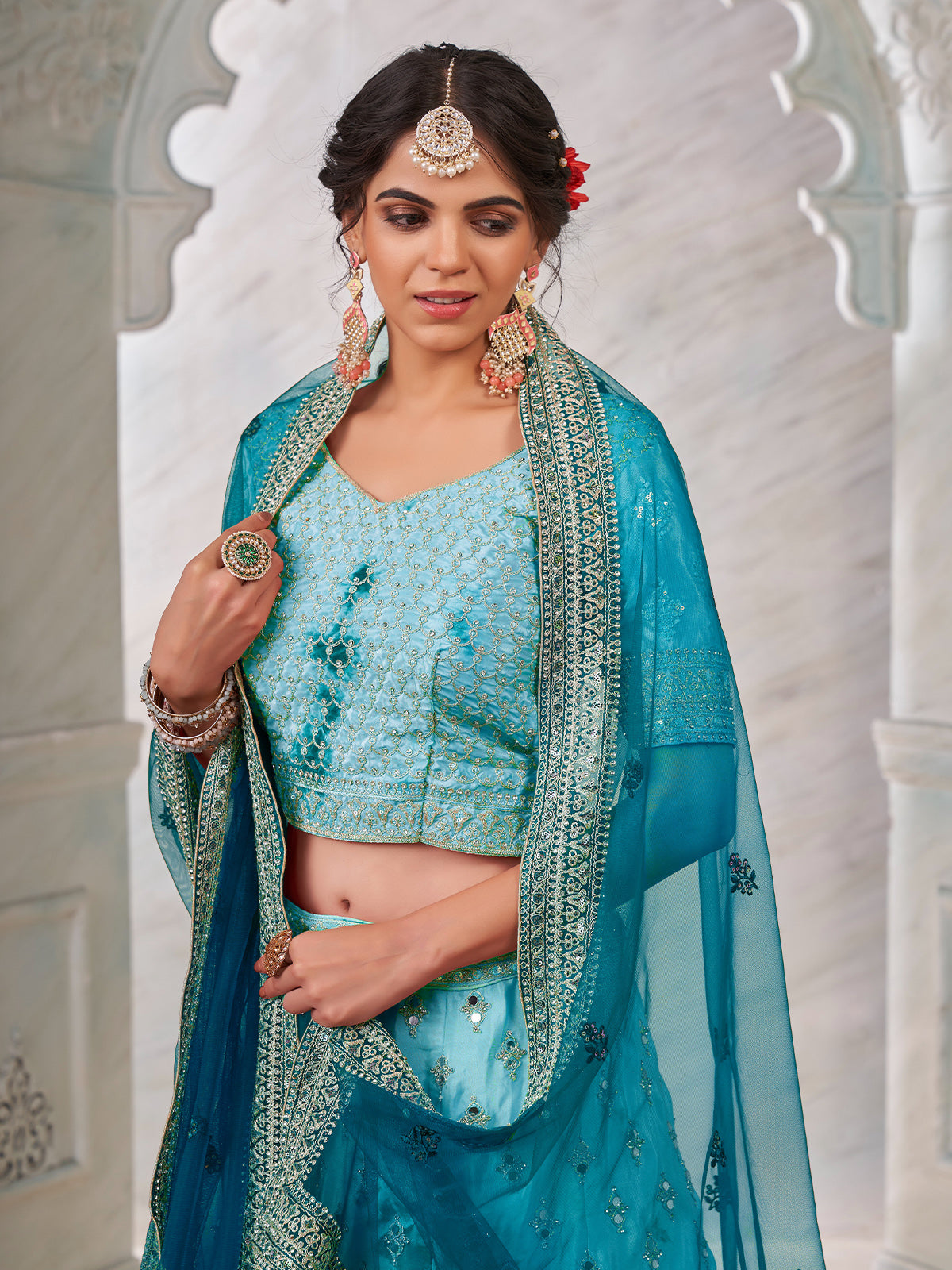 Odette Light Blue Shibori Crepe Embroidered Semi Stitched Lehenga With Unstitched Blouse for Women