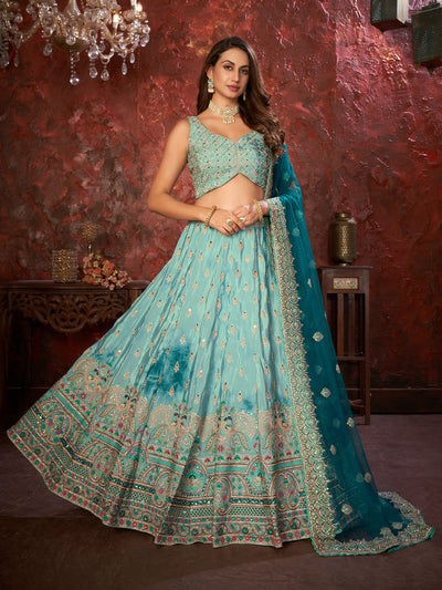 Odette Sky Blue Net Embellished Semi Stitched Lehenga With Unstitched Blouse for Women