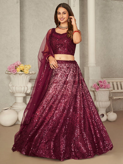 Odette Maroon Net Embellished Semi Stitched Lehenga With Unstitched Blouse for Women
