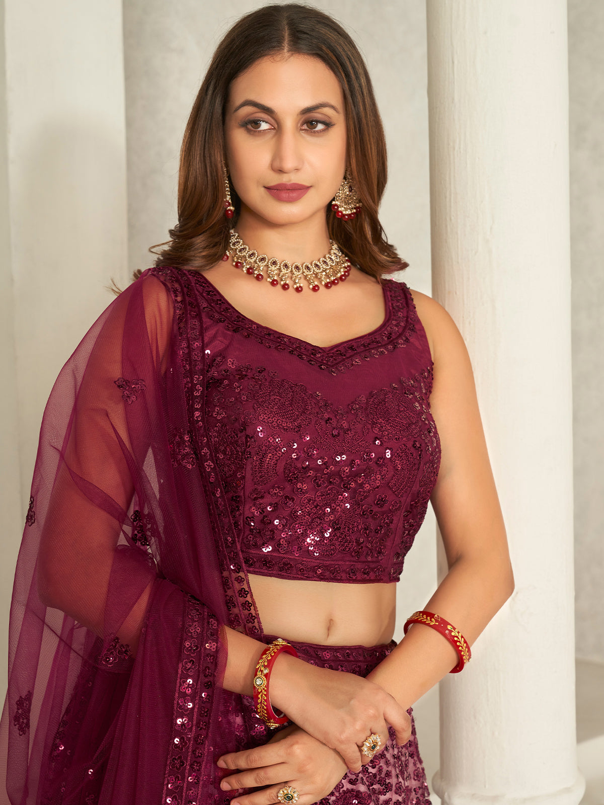Odette Maroon Net Embellished Semi Stitched Lehenga With Unstitched Blouse for Women