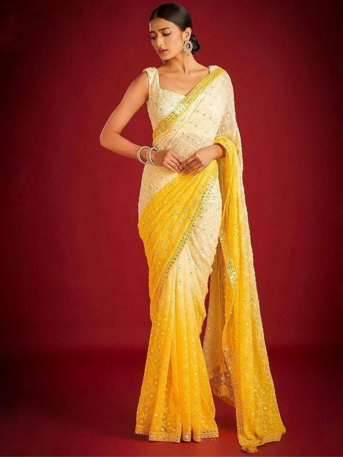 Odette Yellow Embroidered Georgette Saree With unstitched Blouse For Women