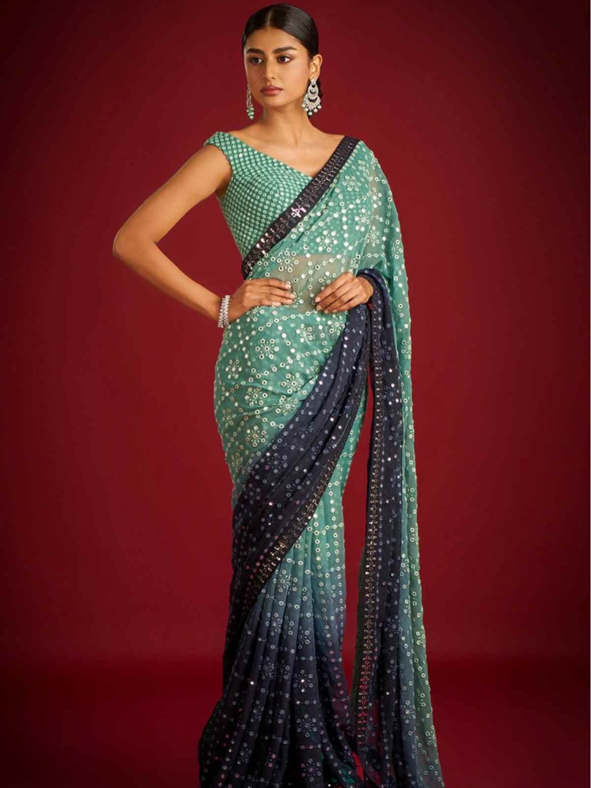 Odette Blue Embroidered Georgette Saree With unstitched Blouse For Women