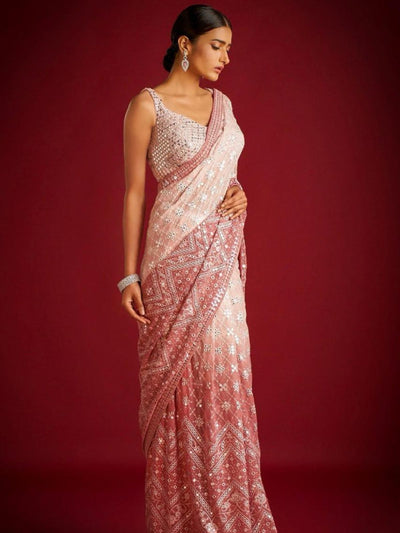 Odette Peach Embroidered Georgette Saree With unstitched Blouse For Women