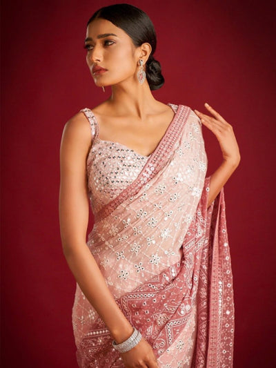 Odette Peach Embroidered Georgette Saree With unstitched Blouse For Women