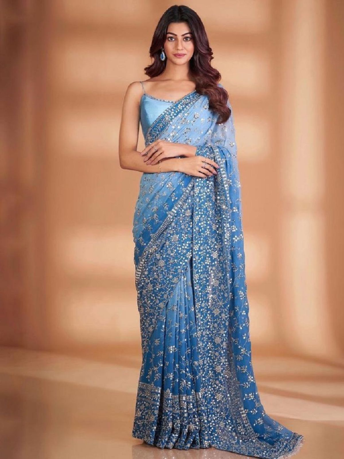 Odette Blue Embroidered Georgette Saree With Unstitched Blouse For Women