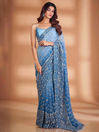 Odette Blue Embroidered Georgette Saree With Unstitched Blouse For Women