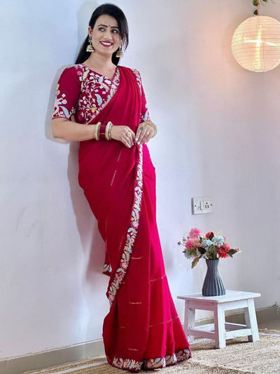 Odette Red Embroidered Silk Blend Saree With Stitched Blouse For Women