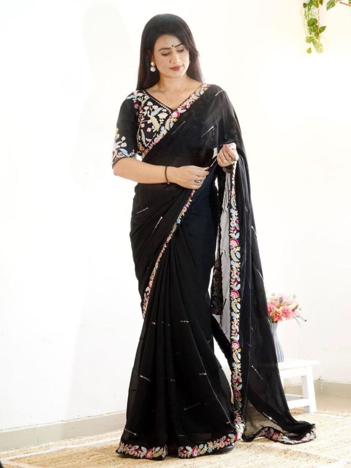 Odette Black Embroidered Silk Blend Saree With Stitched Blouse For Women