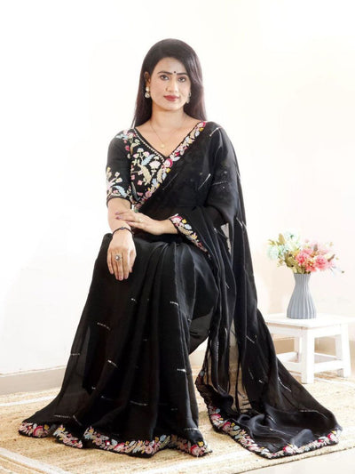 Odette Black Embroidered Silk Blend Saree With Stitched Blouse For Women